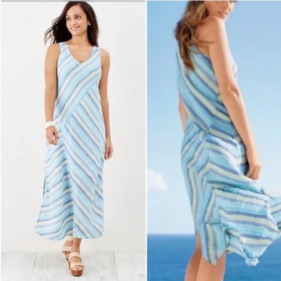 J. Jill Linen Sleeveless Blue Green Striped Lotus Dress - Picture 3 of 16